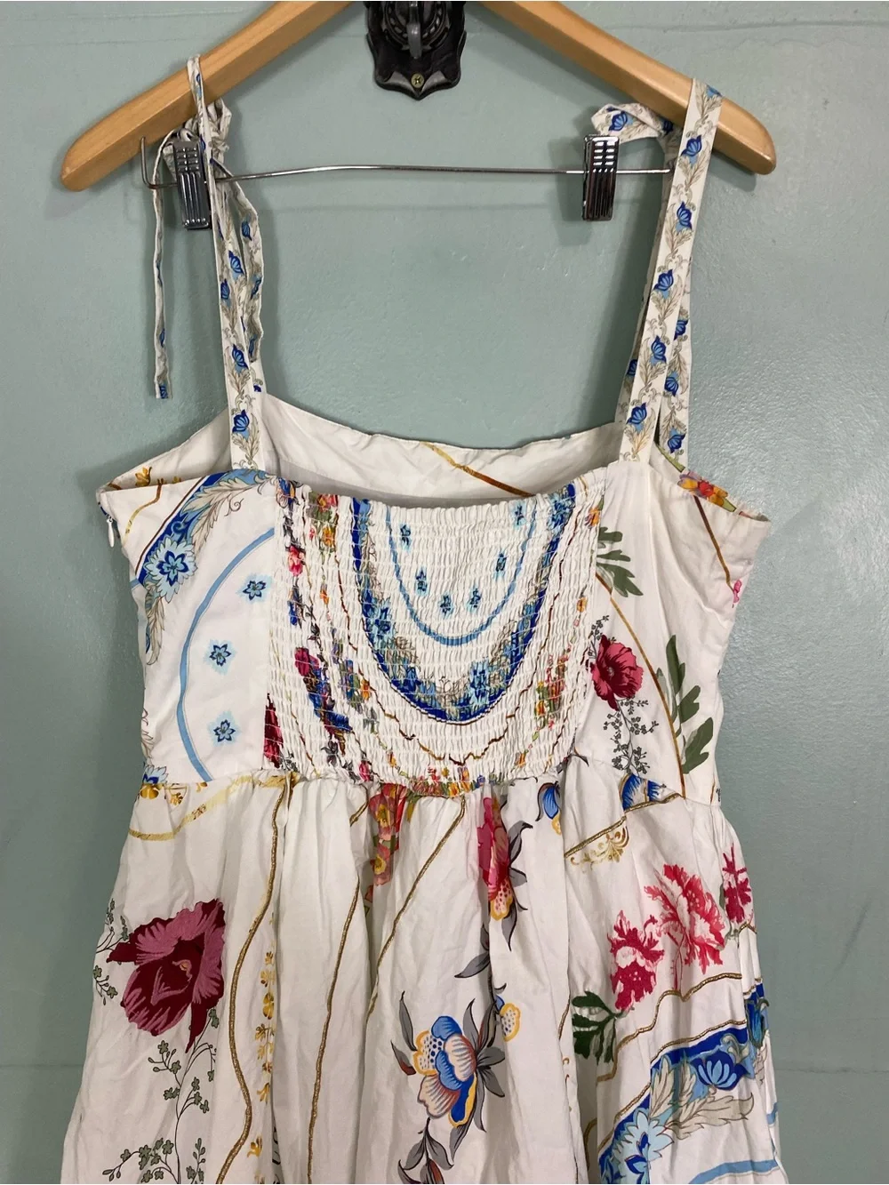 Anthropologie Tie Strap Printed Midi Dress Floral Sundress Birds Large - Picture 10 of 13